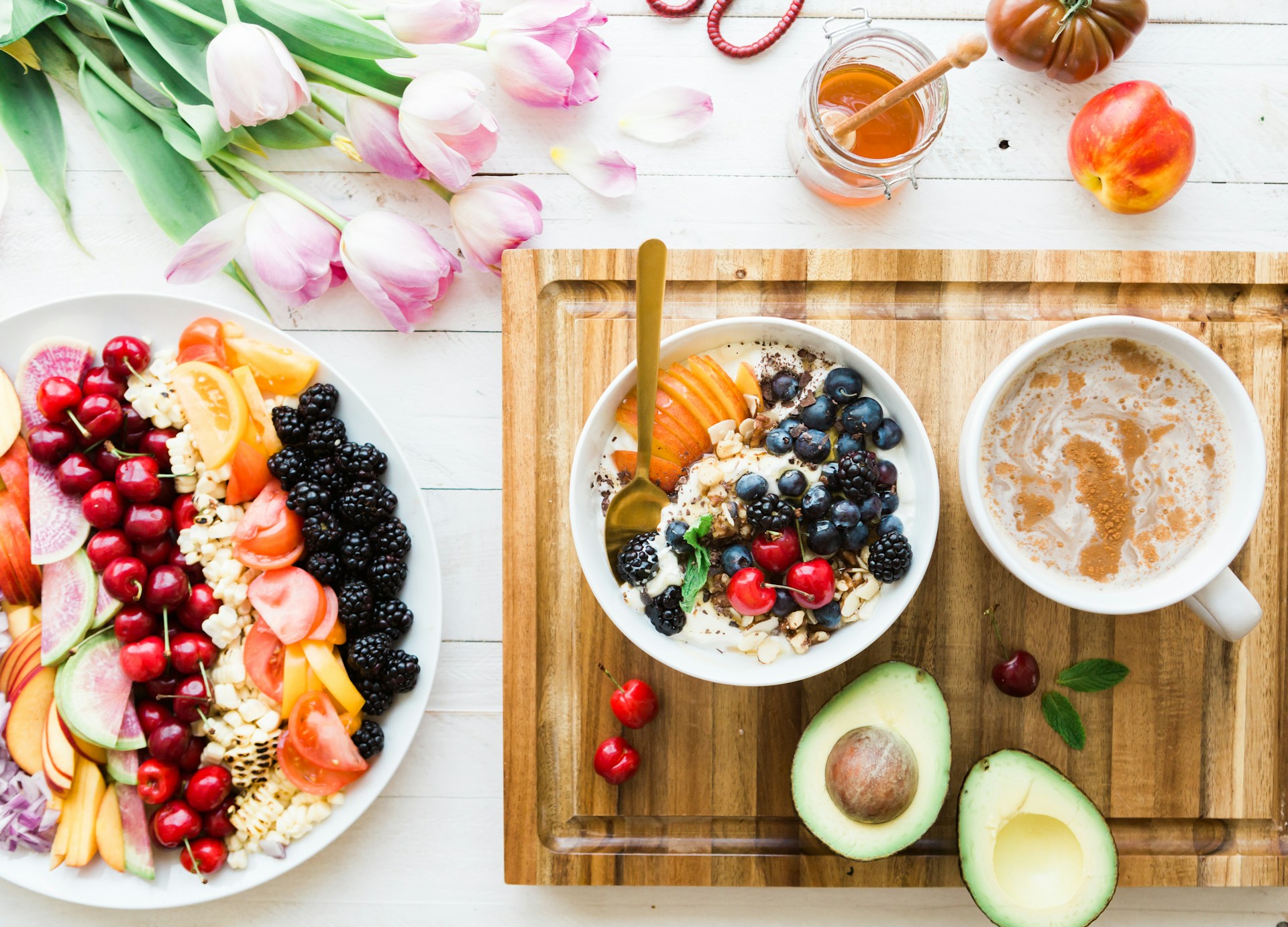 Healthy breakfast with fruits, yogurt, and coffee for natural energy
